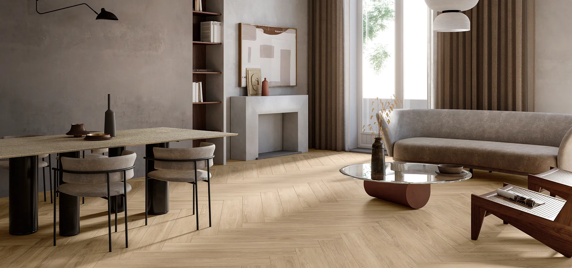 Pavimento in gres porcellanato effetto legno con posa a spina