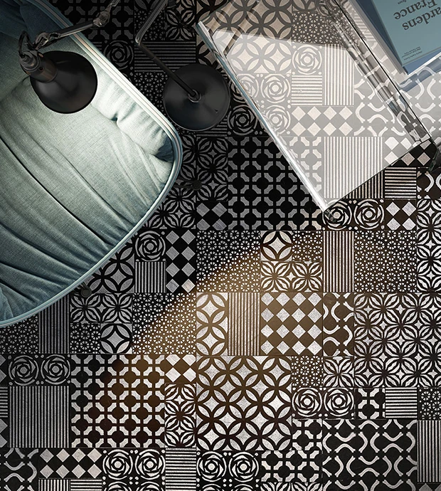 Pavimento in gres porcellanato con effetto mosaico geometrico