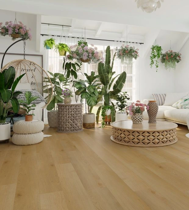 Pavimento SPC effetto legno chiaro in living moderno