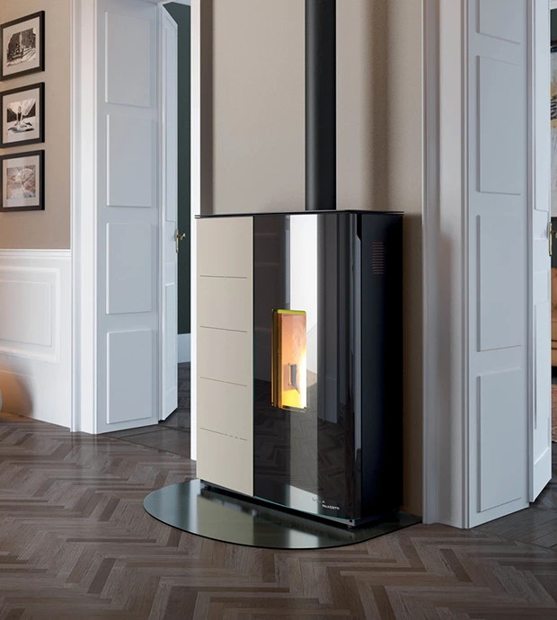 Stufa a pellet moderna in ambiente living contemporaneo