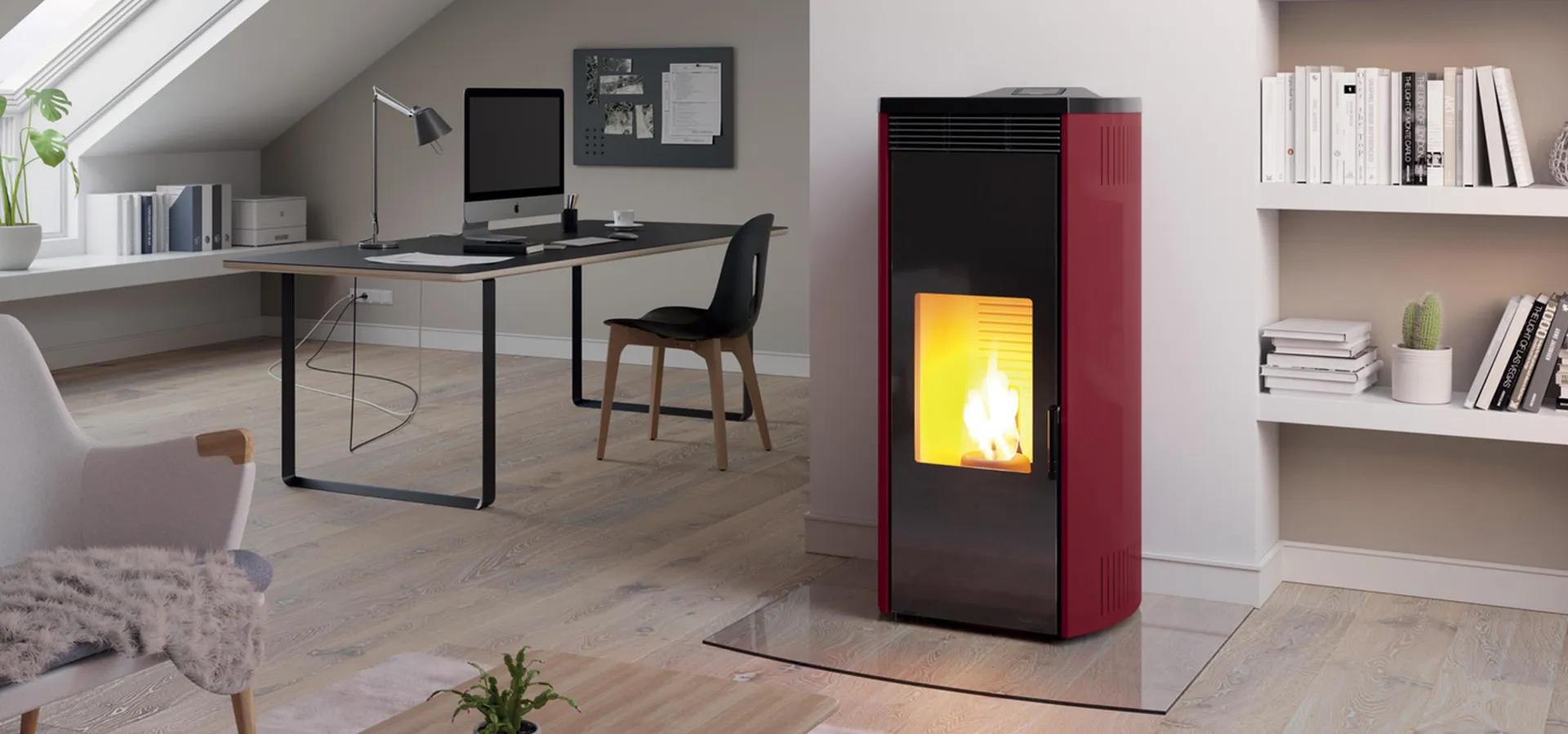 Stufa a pellet moderna in ambiente domestico contemporaneo